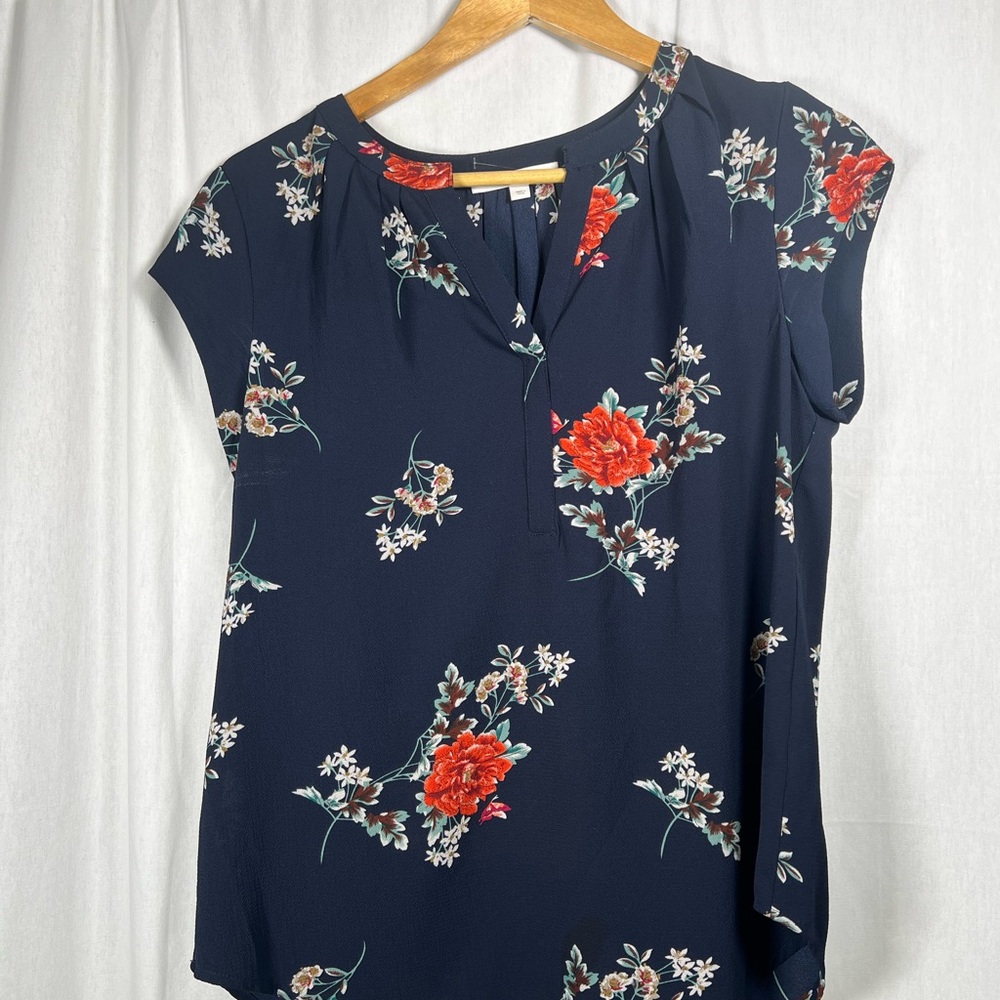 fun 2 fun Navy Floral Cap-Sleeve Blouse with Red Flowers